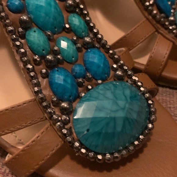 JustFab Brown Sandals with Blue Embellishments - Picture 3 of 8